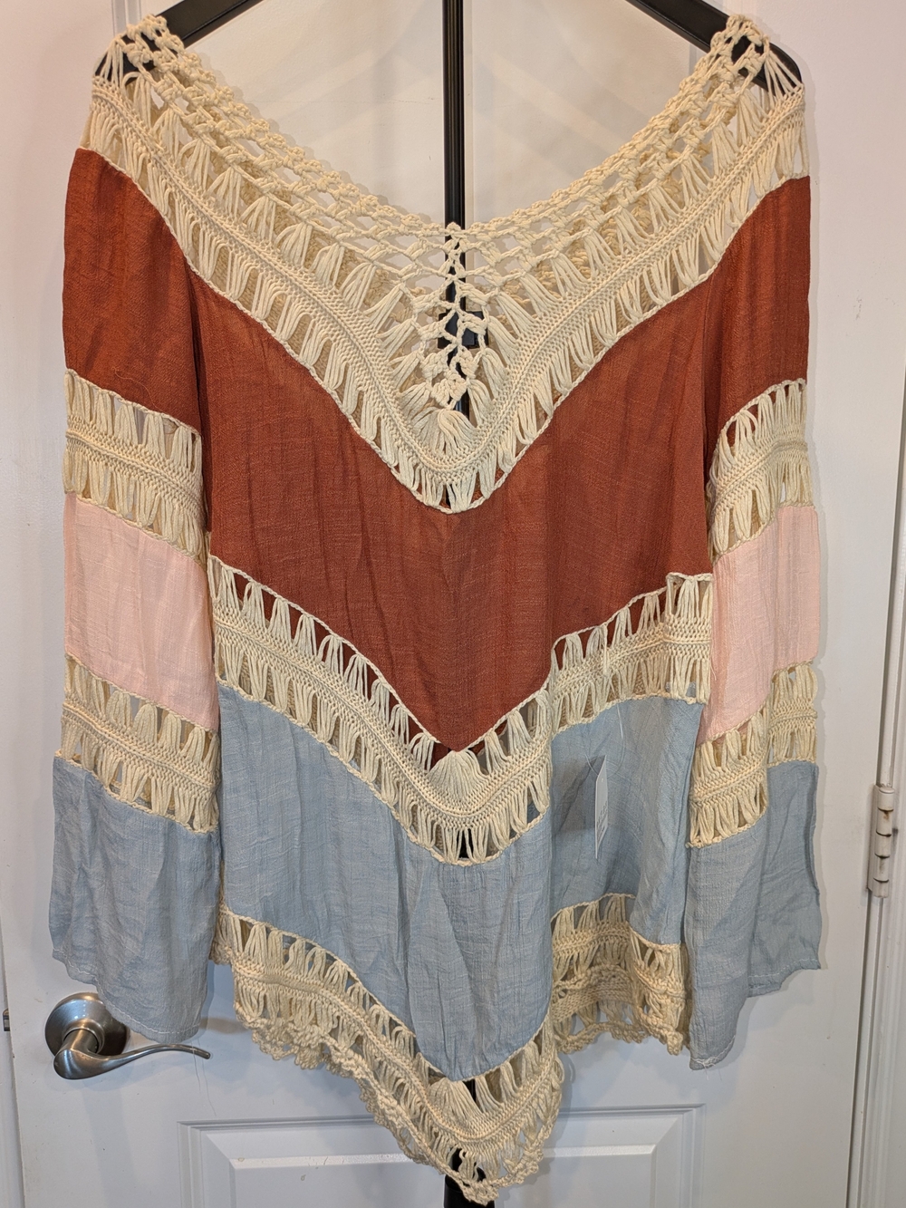 NWT Red Velvet Boho Crochet Colorblock Poncho Tunic Bell Sleeve No Size